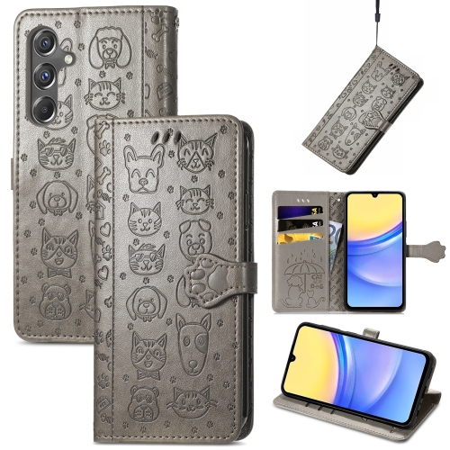 

For Samsung Galaxy A15 Cat and Dog Embossed Leather Phone Case(Gray)