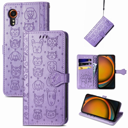 

For Samsung Galaxy Xcover 7 Cat and Dog Embossed Leather Phone Case(Purple)