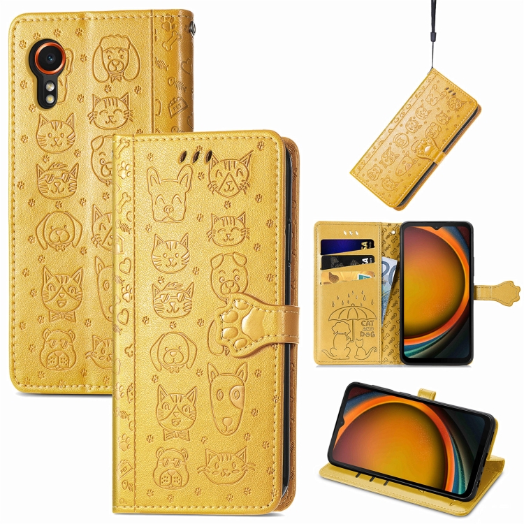 

For Samsung Galaxy Xcover 7 Cat and Dog Embossed Leather Phone Case(Yellow)
