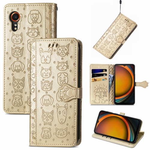 

For Samsung Galaxy Xcover 7 Cat and Dog Embossed Leather Phone Case(Gold)