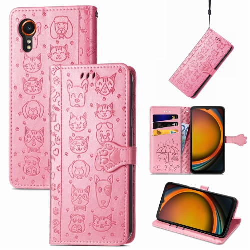 

For Samsung Galaxy Xcover 7 Cat and Dog Embossed Leather Phone Case(Pink)