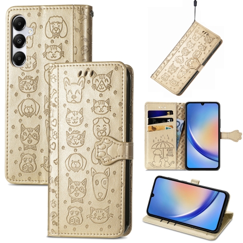 

For Samsung Galaxy A35 5G Cat and Dog Embossed Leather Phone Case(Gold)