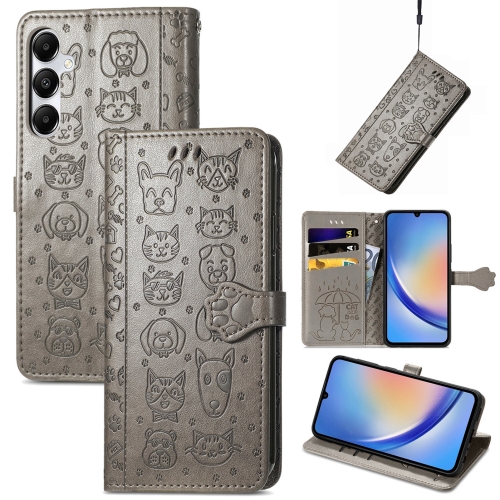 

For Samsung Galaxy A35 5G Cat and Dog Embossed Leather Phone Case(Gray)