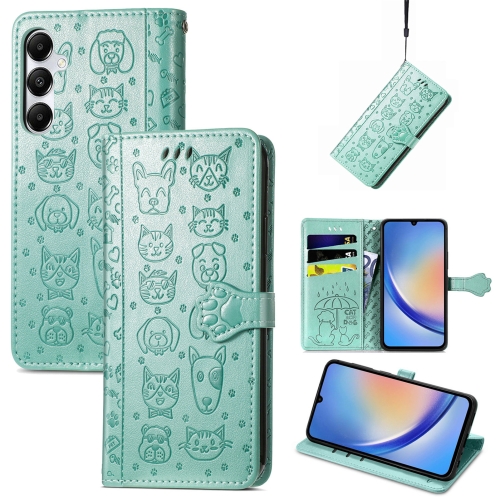 

For Samsung Galaxy A35 5G Cat and Dog Embossed Leather Phone Case(Green)