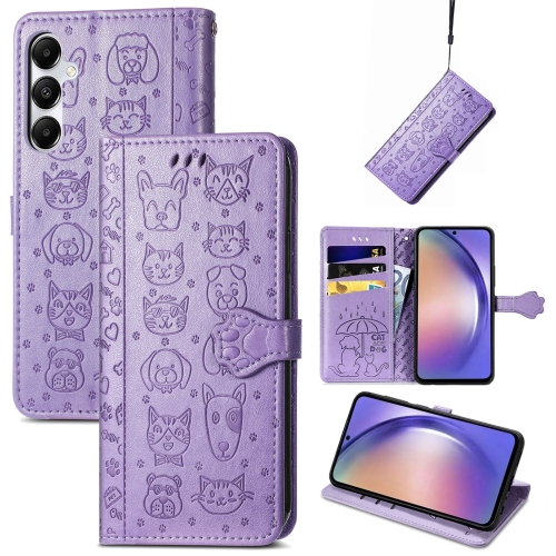 

For Samsung Galaxy A55 5G Cat and Dog Embossed Leather Phone Case(Purple)