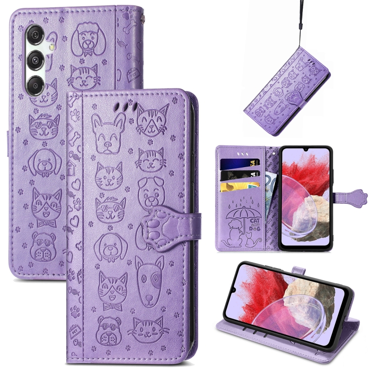 

For Samsung Galaxy M34 5G Cat and Dog Embossed Leather Phone Case(Purple)