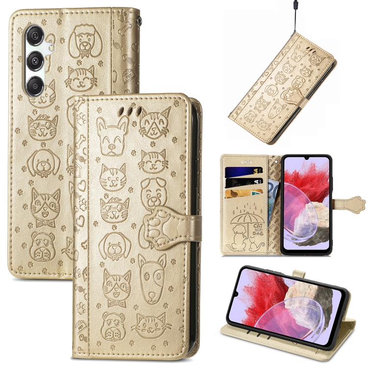 

For Samsung Galaxy M34 5G Cat and Dog Embossed Leather Phone Case(Gold)