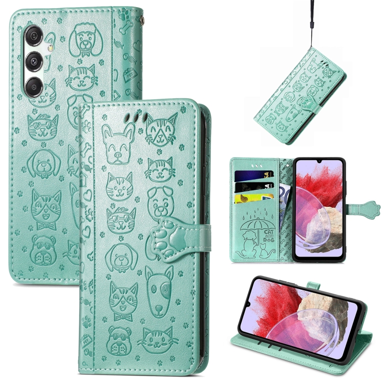 

For Samsung Galaxy M34 5G Cat and Dog Embossed Leather Phone Case(Green)
