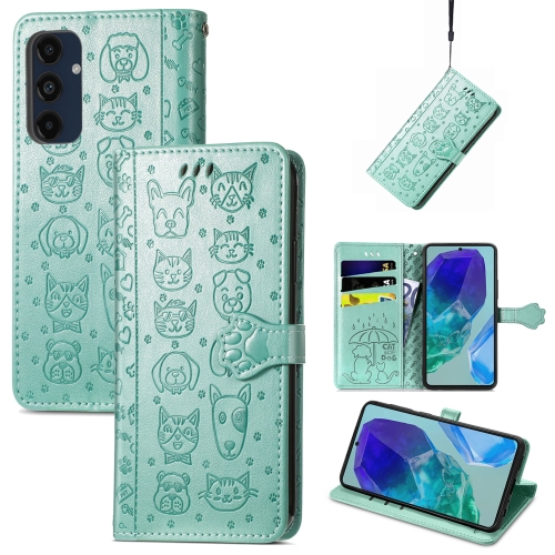 

For Samsung Galaxy A16 Cat and Dog Embossed Leather Phone Case(Green)