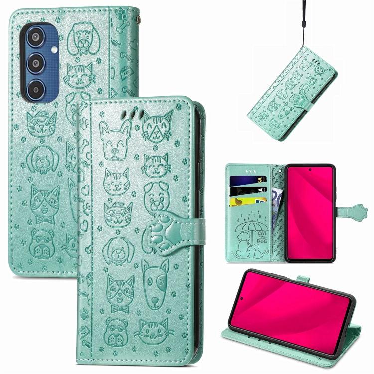 

For Samsung Galaxy M35 Cat and Dog Embossed Leather Phone Case(Green)
