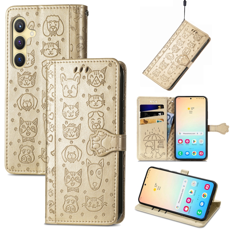 

For Samsung Galaxy S25 5G Cat and Dog Embossed Leather Phone Case(Gold)