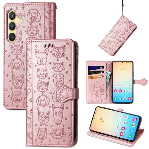 

For Samsung Galaxy S25+ 5G Cat and Dog Embossed Leather Phone Case(Rose Gold)