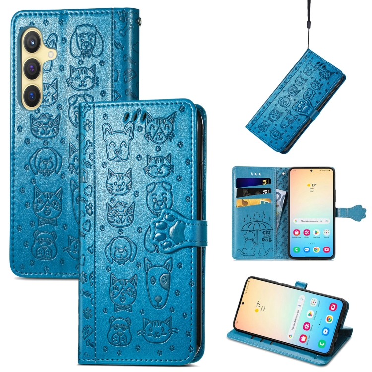 

For Samsung Galaxy S25+ 5G Cat and Dog Embossed Leather Phone Case(Blue)