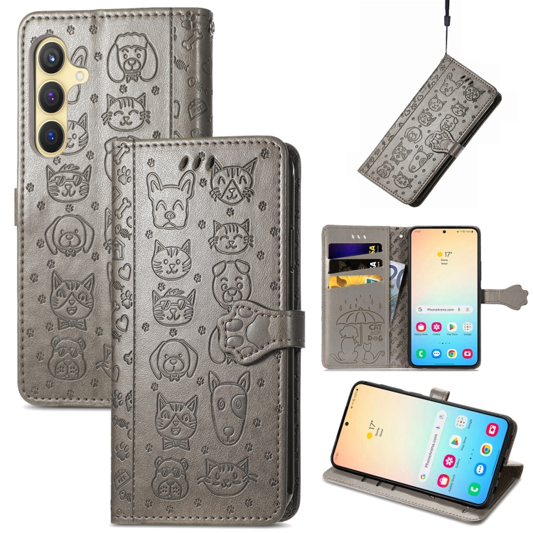 

For Samsung Galaxy S25+ 5G Cat and Dog Embossed Leather Phone Case(Gray)