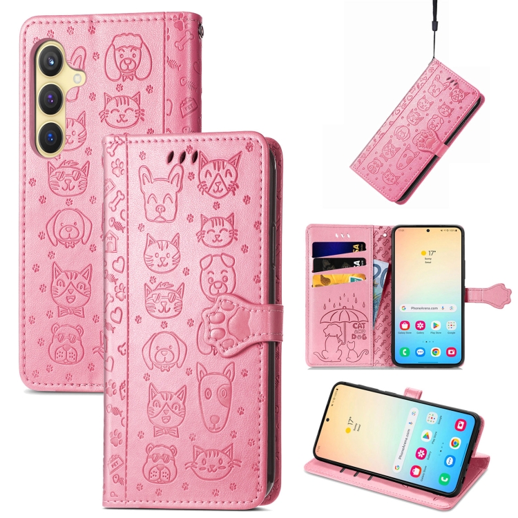 

For Samsung Galaxy S25 Ultra 5G Cat and Dog Embossed Leather Phone Case(Pink)