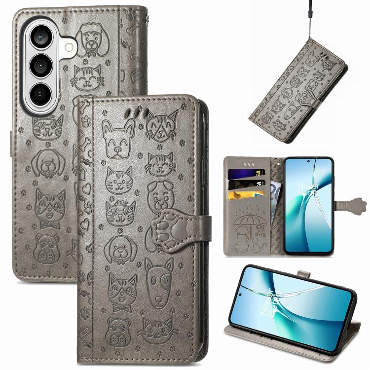 

For Samsung Galaxy S26 5G Cat and Dog Embossed Leather Phone Case(Gray)