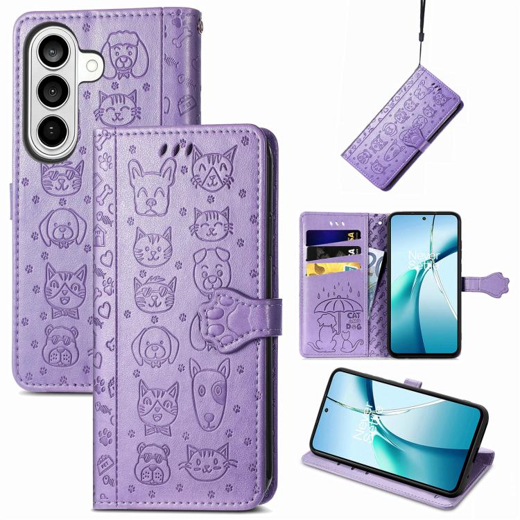 For Samsung Galaxy S26+ 5G Cat and Dog Embossed Leather Phone Case(Purple)