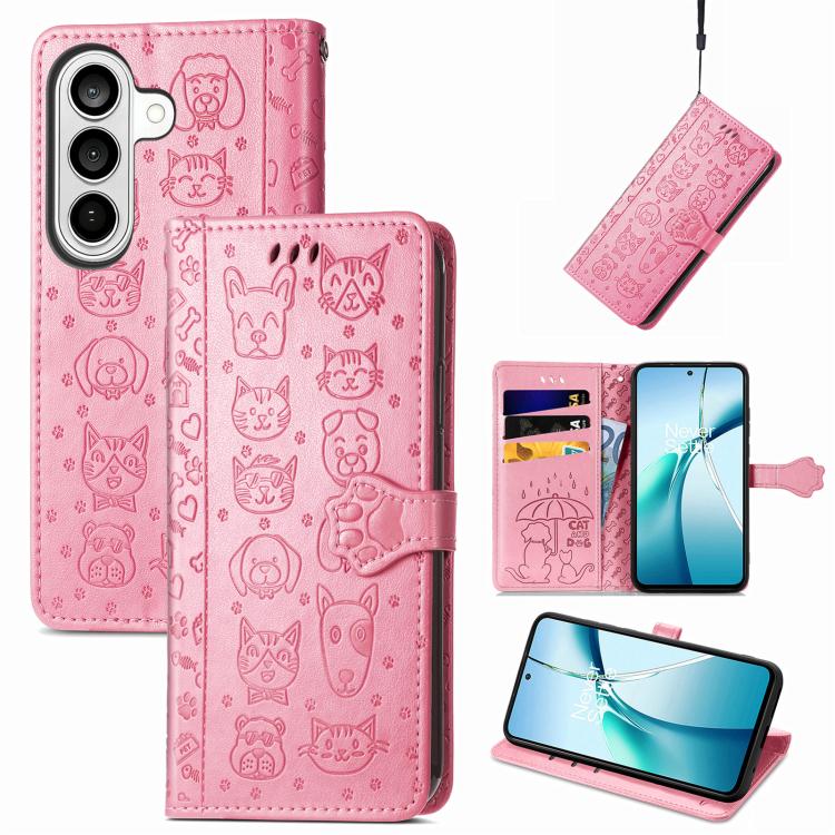 

For Samsung Galaxy S26 Ultra 5G Cat and Dog Embossed Leather Phone Case(Pink)