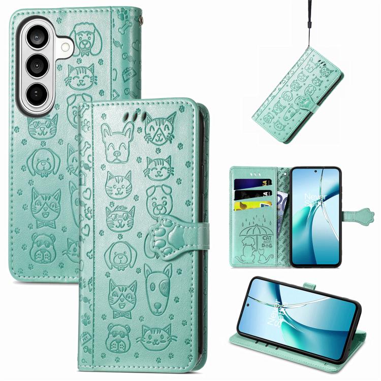 

For Samsung Galaxy S26 Ultra 5G Cat and Dog Embossed Leather Phone Case(Green)