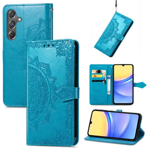 

For Samsung Galaxy A15 Mandala Flower Embossed Leather Phone Case(Blue)