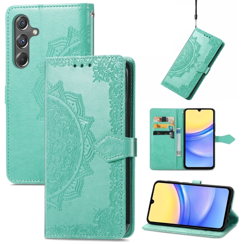 

For Samsung Galaxy A15 Mandala Flower Embossed Leather Phone Case(Green)