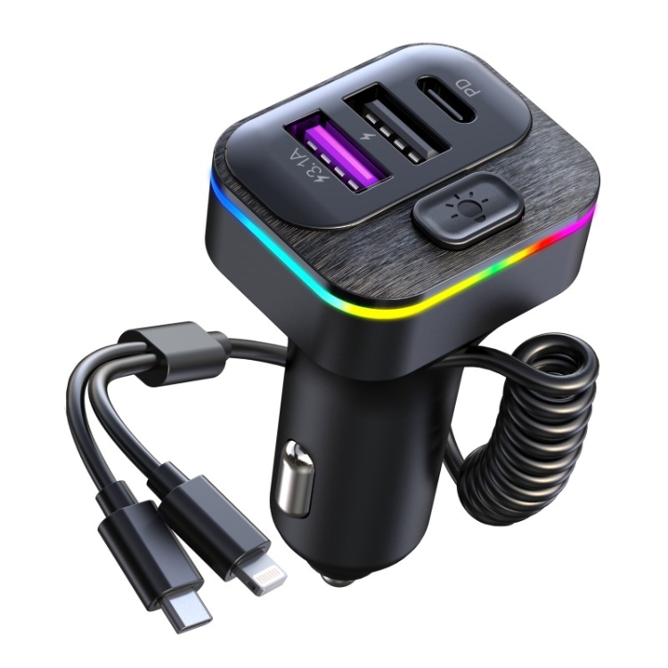 

K12 With Type-C / 8-Pin Charging Cable Phone Fast Charging Adapter 2 USB + 1 Type-C PD Car Charger