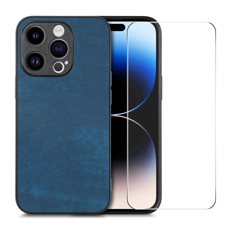

For iPhone 15 Pro Max ENKAY Retro Leather Skin PC Phone Case with High Aluminum-silicon Glass Film(Blue)
