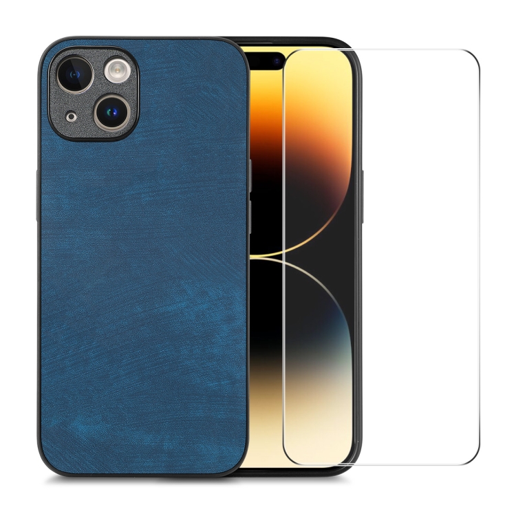 

For iPhone 15 Plus ENKAY Retro Leather Skin PC Phone Case with High Aluminum-silicon Glass Film(Blue)
