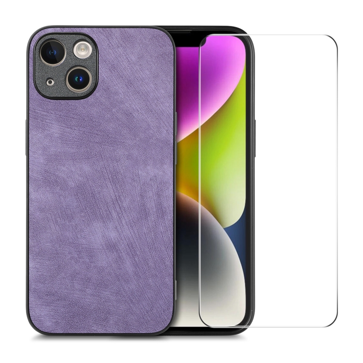 

For iPhone 14 Plus ENKAY Retro Leather Skin PC Phone Case with High Aluminum-silicon Glass Film(Purple)