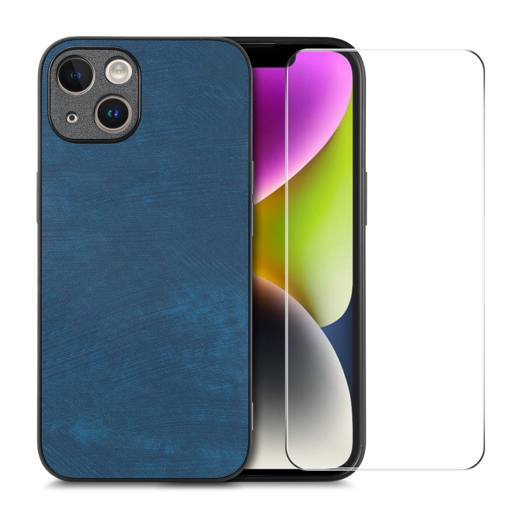 

For iPhone 14 ENKAY Retro Leather Skin PC Phone Case with High Aluminum-silicon Glass Film(Blue)