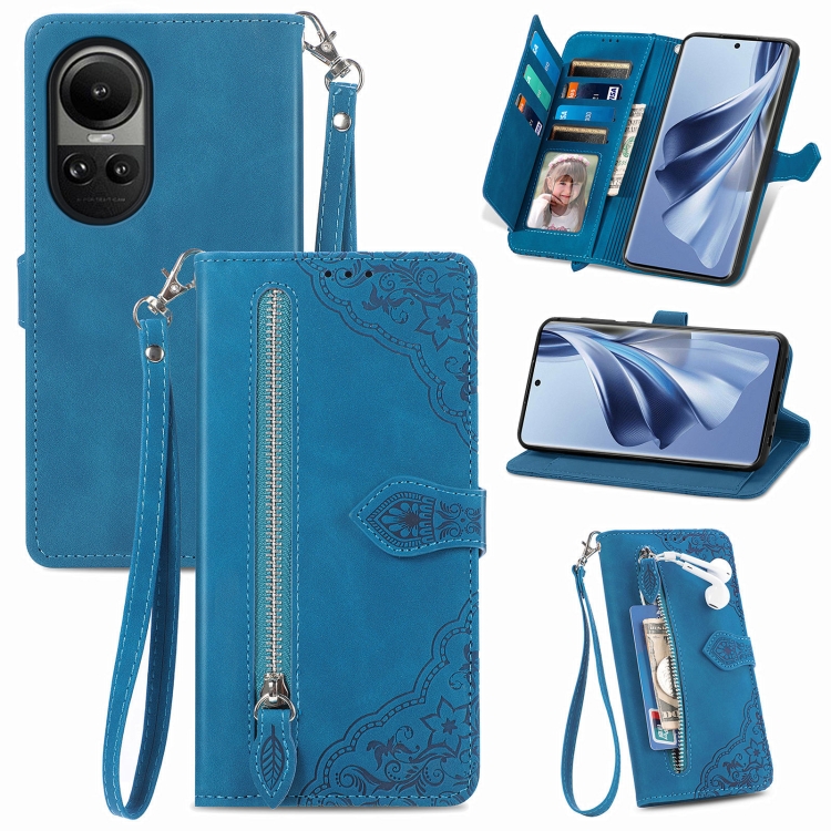 

For OPPO Reno10 Global / 10 Pro Global Embossed Flower Zipper Leather Phone Case(Blue)