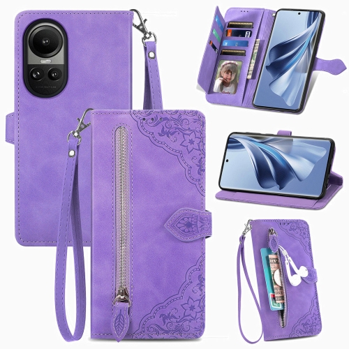 

For OPPO Reno10 /10 Pro Global Embossed Flower Zipper Leather Phone Case(Purple)