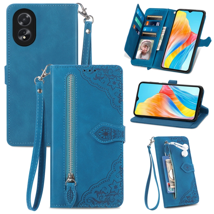 

For OPPO A38 Embossed Flower Zipper Leather Phone Case(Blue)