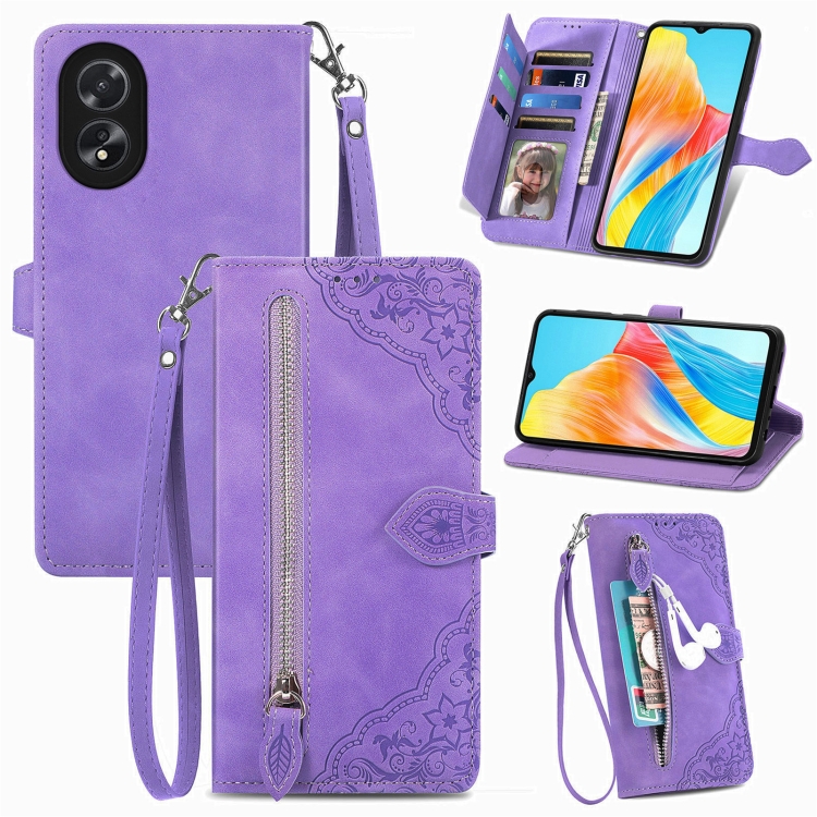 

For OPPO A38 Embossed Flower Zipper Leather Phone Case(Purple)