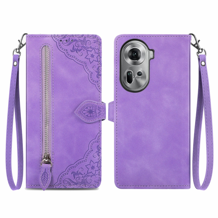 

For OPPO Reno11 5G EU Embossed Flower Zipper Leather Phone Case(Purple)