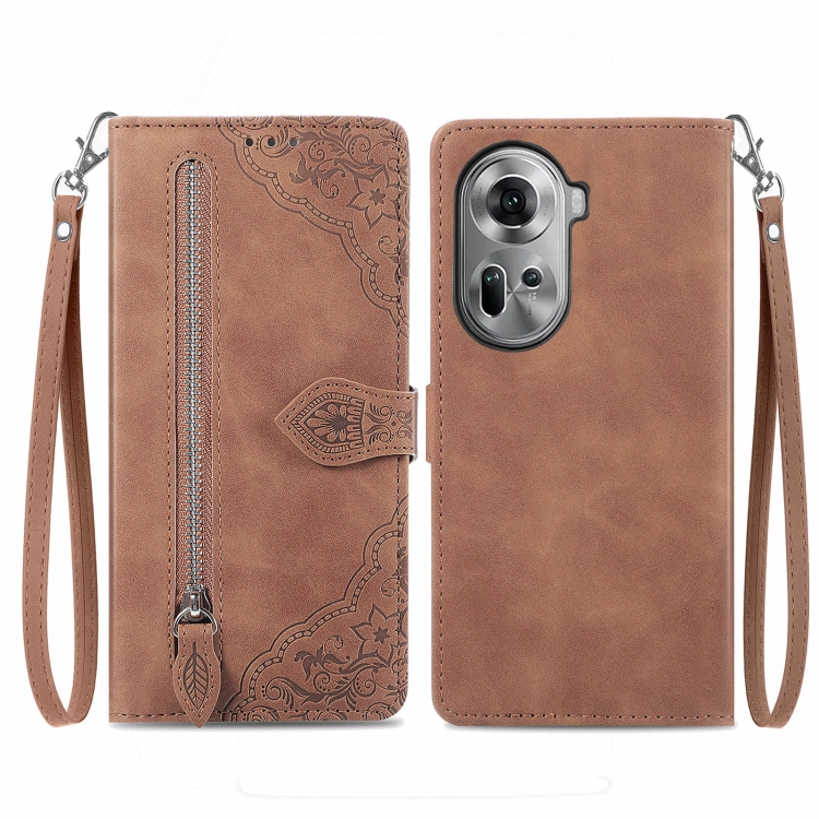 

For OPPO Reno11 5G EU Embossed Flower Zipper Leather Phone Case(Brown)