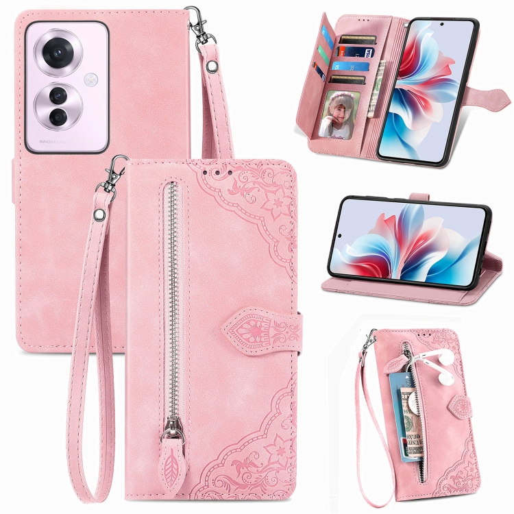 

For OPPO Reno11 F 5G Embossed Flower Zipper Leather Phone Case(Pink)