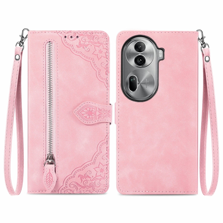 

For OPPO Reno11 Pro 5G Embossed Flower Zipper Leather Phone Case(Pink)