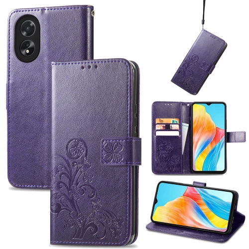 

For OPPO Reno10 Global / 10 Pro Global Four-leaf Clasp Embossed Buckle Leather Phone Case(Purple)