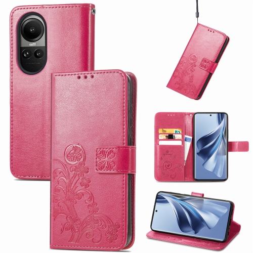 For OPPO A38 Four-leaf Clasp Embossed Buckle Leather Phone Case(Rose Red) for oppo a96 5g reno7 z four leaf embossed leather phone case gold