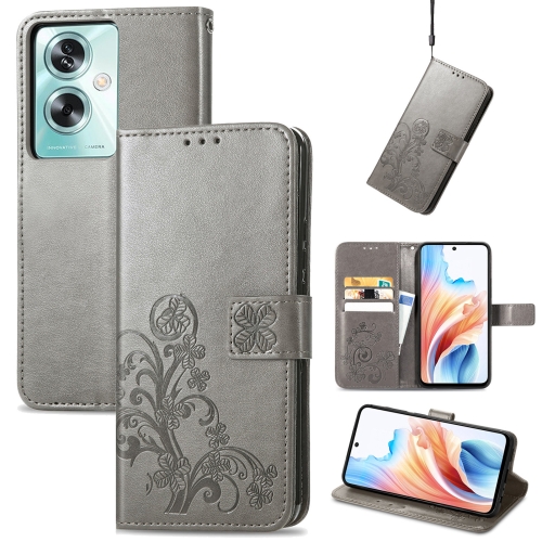

ForOPPO A79 5G / A2 5G Four-leaf Clasp Embossed Buckle Leather Phone Case(Grey)