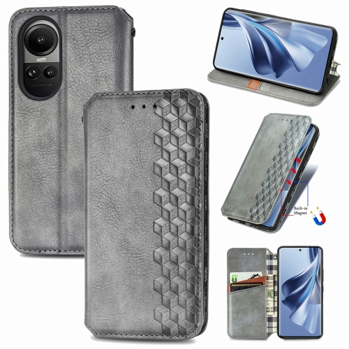 

For OPPO Reno10 Global / 10 Pro Global Cubic Grid Pressed Magnetic Leather Phone Case(Grey)