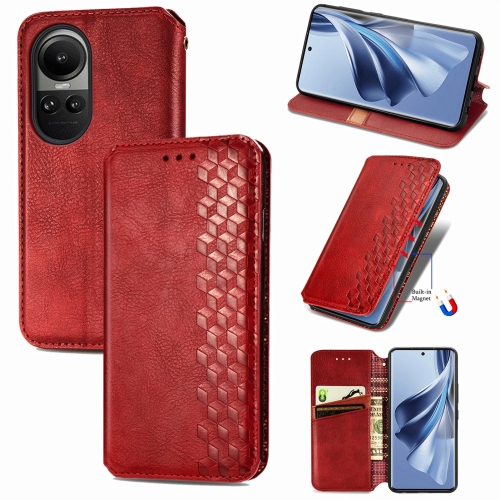 

For OPPO Reno10 Global / 10 Pro Global Cubic Grid Pressed Magnetic Leather Phone Case(Red)