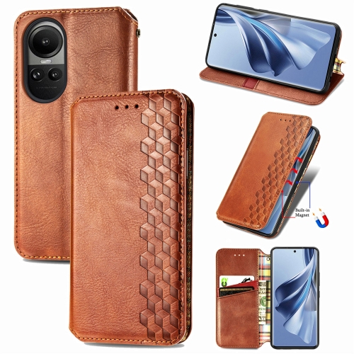 

For OPPO Reno10 /10 Pro Global Cubic Grid Pressed Magnetic Leather Phone Case(Brown)