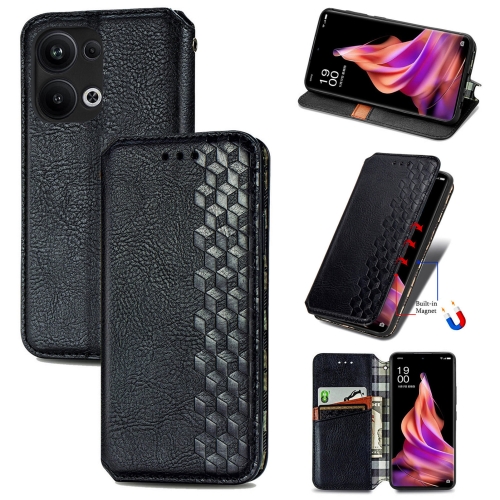 

For OPPO Reno9 Pro+ Cubic Grid Pressed Magnetic Leather Phone Case(Black)