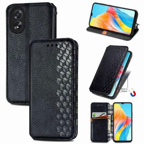 

For OPPO A38 Cubic Grid Pressed Magnetic Leather Phone Case(Black)