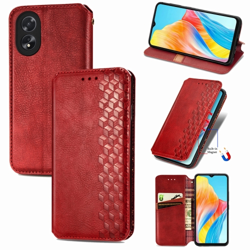 

For OPPO A38 Cubic Grid Pressed Magnetic Leather Phone Case(Red)
