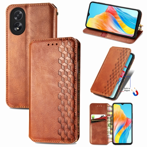 

For OPPO A38 Cubic Grid Pressed Magnetic Leather Phone Case(Brown)