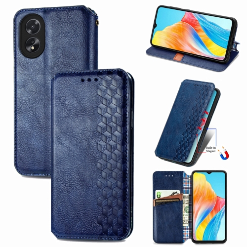 

For OPPO A38 Cubic Grid Pressed Magnetic Leather Phone Case(Blue)