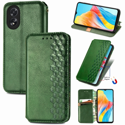 

For OPPO A38 Cubic Grid Pressed Magnetic Leather Phone Case(Green)